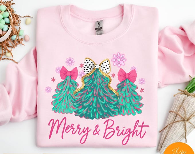 Christmas Sweatshirt Merry & Bright Xmas Tree Sweater Pink Holiday Festive Bow Lights Pullover Cute Jolly Tee Merry Christmas Mom Crewneck