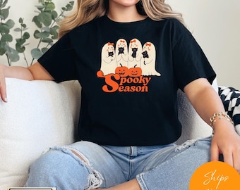 Cute Halloween Ghost T-Shirt – Bow & Pumpkin Ghost Shirt, Funny Spooky Season Tee, Fall Matching Outfit