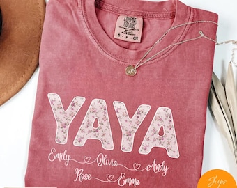 Personalized Floral Yaya T-Shirt with Grandkids Names