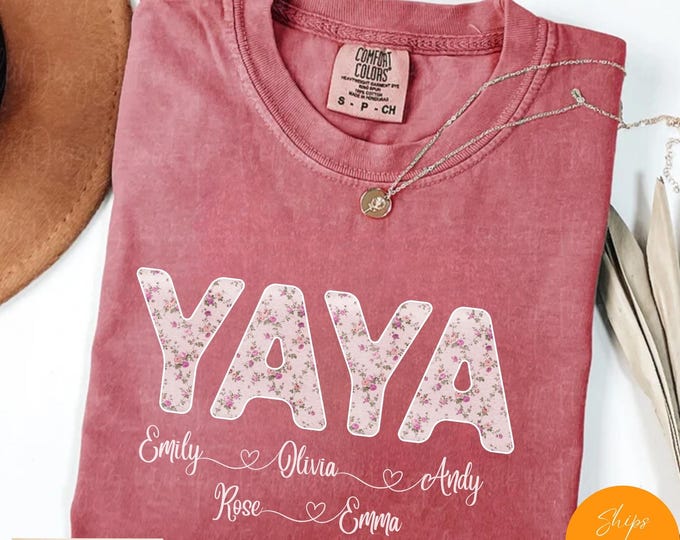 Personalized Floral Yaya T-Shirt with Grandkids Names