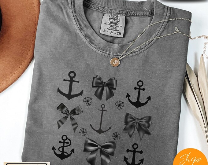 Comfort Colors® Anchor Ribbon Grid T-Shirt | Nautical Black Tee | Minimalist Sailing Graphic Shirt