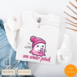Breast Cancer Awareness Month Sweatshirt, In October We Wear Pink Shirt, I wear pink for breast cancer shirt, Boho floral pink ribbon tshirt