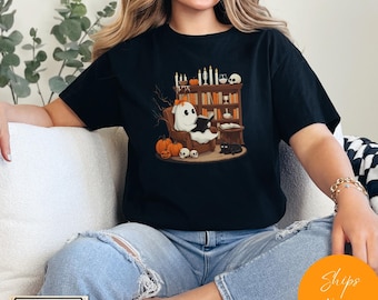 Librarian Ghost Reading Shirt: Halloween Teacher Tee