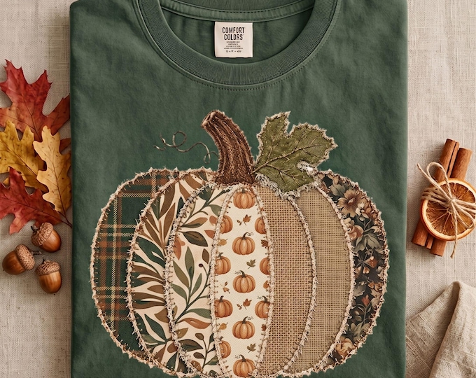 Faux Patchwork Fall Pumpkin Sweatshirt, Comfort Colors Autumn Thanksgiving Shirt, Women Crewneck Sweater, Cute Gift, Checkered Pumpkins Tee