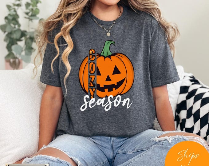 Featured listing image: Pumpkin Cozy Season T-Shirt - Fall Autumn Aesthetic Tee - Cute Pumpkin Shirt - Comfy Fall Vibes Shirt - Cozy Autumn Shirt Gift for Her