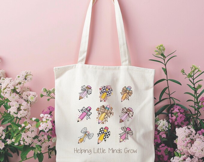Helping Little Minds Grow – Inspirational Teacher Tote Bag with Pencil Collage