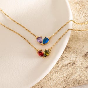 Custom Heart Birthstone Necklace, Lovers Birthstone Matching Heart Necklace, 2 Birthstone Necklace,  Gift For Girlfriend, Anniversary Gift