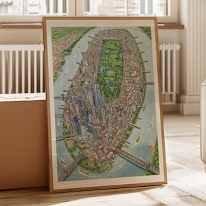 Stadskaart van Manhattan afdrukken handgetekende kunst stadslandschap poster New York skyline illustratie vintage reizen muur decor digitale prints AMP-15