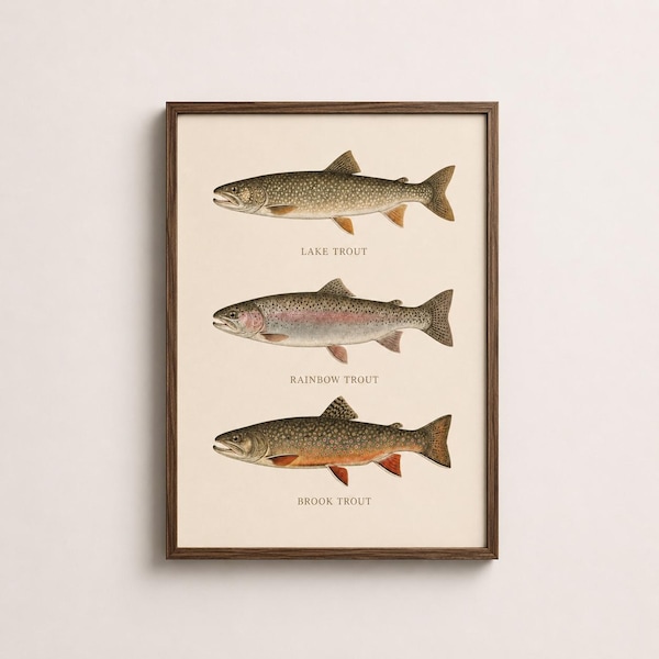 Poster vintage di pesca alla trota, decorazione murale per baita, download digitale stampabile, P-18