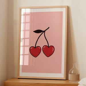 Heart Shaped Cherry Wall Art Aesthetic Pink Background Digital Print For Kitchen Decor Trendy Fruit Illustration Cute Room Poster AMP-67