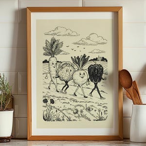 Puede incluir: Una ilustración en blanco y negro de cuatro verduras caminando juntas. Las verduras son una zanahoria, una col, un nabo y un pimiento. La ilustración está sobre un fondo de campo con nubes en el cielo.