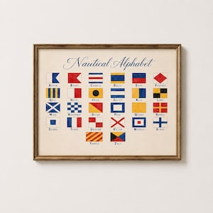 Alfabeto náutico impreso digitalmente, tabla de banderas de señales, arte mural para aula costera, decoración náutica, P-72