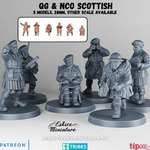 May include: A set of six grey miniature figures representing Scottish soldiers in military uniforms, including kilts and various headgear. The figures are displayed on circular bases, with one seated in a chair and others standing in different poses.
