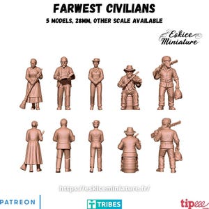 Könnte beinhalten: Fünf unbemalte 28mm Miniaturfiguren mit dem Titel FARWEST CIVILIANS. Das Set enthält Figuren in historischer Kleidung, einige halten Gegenstände wie einen Besen, ein Buch, eine Geige oder ein Gewehr. Vorder- und Rückansichten sind abgebildet.
