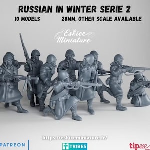 May include: A set of ten grey unpainted miniature soldier figurines titled RUSSIAN IN WINTER SERIE 2. The figures are 28mm scale and depicted in various combat poses, wearing winter coats and helmets, and carrying rifles or machine guns.