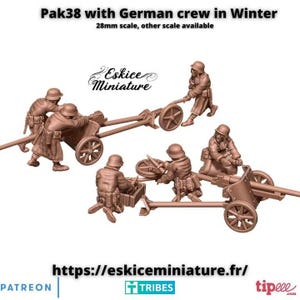 May include: A set of unpainted miniature figurines depicting a Pak38 anti-tank gun with a German crew in winter gear. The figures are rendered in a 28mm scale. Text on the image reads: Pak38 with German crew in Winter, 28mm scale, other scale available.