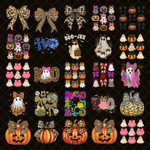 Könnte beinhalten: Eine digitale Sammlung von Halloween-Grafiken mit Leopardenmuster-Schleifen, Geistern, Kürbissen und Fledermäusen. Die Designs enthalten Schriftzüge wie BOO-JEE und BOO sowie verschiedene Muster wie Karos und Punkte auf einem schwarzen Hintergrund.