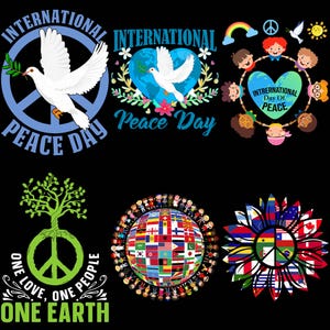Può includere: Una collezione di sei disegni grafici con temi di pace e unità. Gli elementi includono colombe bianche, un simbolo di pace, un globo, bambini diversi che si tengono per mano, un albero che forma un segno di pace e un girasole.