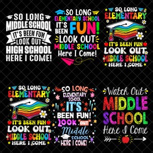 Könnte beinhalten: Eine Sammlung farbenfroher Grafikdesigns auf schwarzem Hintergrund, die Schulmeilensteine feiern. Die Designs zeigen Sätze wie "So Long Middle School", "It's Been Fun" und "Here I Come!" mit Abschlusskappen, Blumen und Pfeilen.