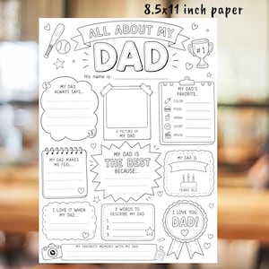 Pode incluir: Papel imprimível a preto e branco com o texto "ALL ABOUT MY DAD". O papel inclui secções para preencher sobre coisas favoritas, memórias e uma foto. O papel mede 21,6 x 27,9 cm.