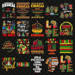 May include: A collection of graphic designs with text related to Kwanzaa and other holidays. The designs feature candles, African-themed imagery, and the words "Happy Kwanzaa" and "Happy Holidays" in various fonts and colors.