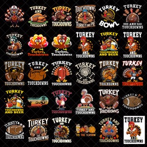 Pode incluir: Uma coleção de trinta designs gráficos com perus de desenho animado, bolas de futebol americano e texto como Turkey and Touchdowns. As ilustrações usam uma paleta de marrom, laranja, vermelho e branco, retratando perus em várias poses.