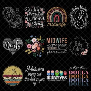 May include: A collection of 10 colorful digital designs featuring text about doulas and midwives. The designs include a rainbow, a baby in a womb, a progress bar, and a heart.