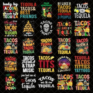 Könnte beinhalten: Eine Sammlung farbenfroher Grafikdesigns auf schwarzem Hintergrund, die die Wörter "Tacos" und "Tequila" in verschiedenen Stilen zeigen. Einige Designs enthalten zusätzlichen Text wie "Best Friends" und "Feliz Navidad".