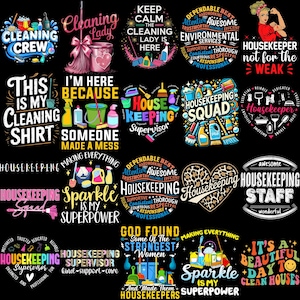 Peut inclure: Une collection de vingt designs graphiques distincts présentant des illustrations et une typographie sur le thème du nettoyage sur fond noir. Les designs incluent divers produits de nettoyage comme des balais, des seaux et des vaporisateurs, ainsi que des phrases telles que Cleaning Crew, Housekeeping Squad et Sparkle Is My Superpower.