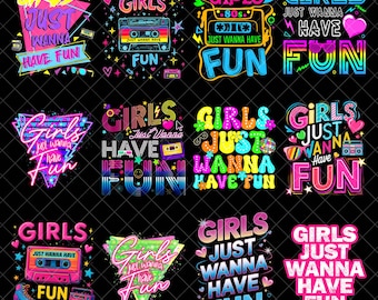 Girls just wanna have fun PNG bundle, 80's neon retro PNG, Pink 80's style retro PNG, girls trip png, neon png, retro triangle sublimation
