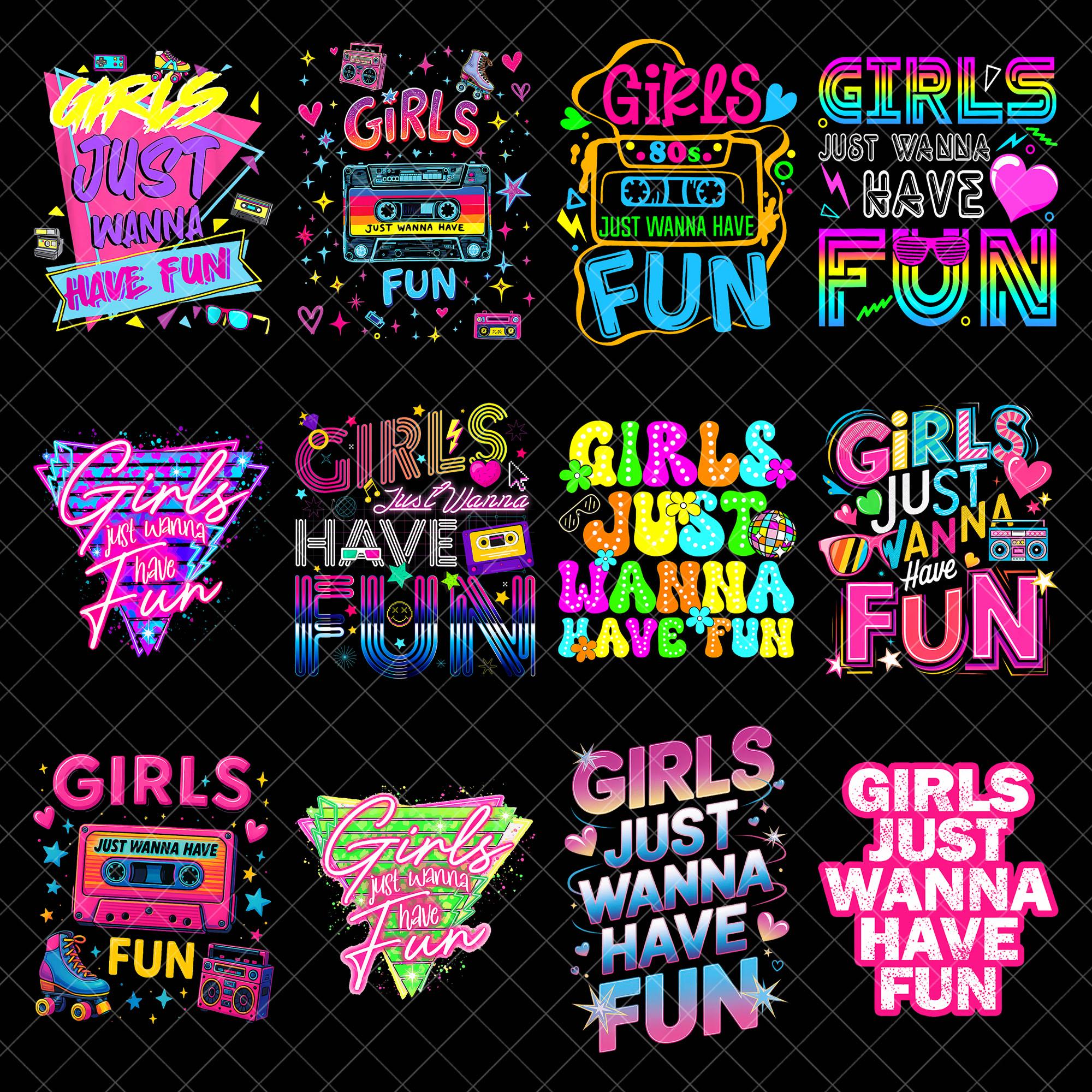 Girls Just Wanna Have Fun PNG Bundle, 80's Neon Retro PNG, Pink