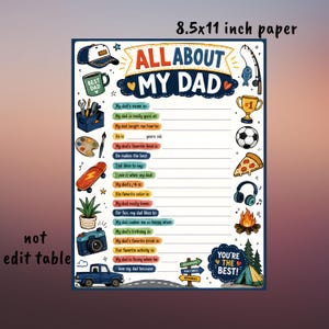 Pode incluir: Um papel colorido de 21,6 x 27,9 cm com o título "ALL ABOUT MY DAD" e perguntas para preencher. O design inclui ilustrações de um boné de beisebol, ferramentas, uma caneca, um skate, uma câmera e uma caminhonete.