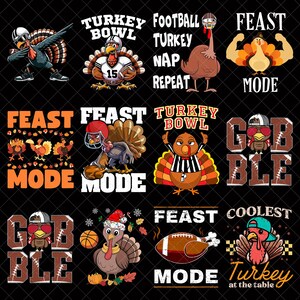 Op de afbeelding: Een verzameling van twaalf grafische ontwerpen met cartoonkalkoenen in verschillende houdingen, waaronder met football-uitrusting, scheidsrechteruniformen en feestmutsen, met tekstelementen zoals Turkey Bowl, Feast Mode en Gobble op een zwarte achtergrond.