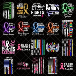 Op de afbeelding: Een verzameling grafische ontwerpen met de zin "No One Fights Alone", met verschillende bewustzijns linten en vlaggen. Ontwerpen bevatten linten voor kinderkanker, Alzheimer en diabetes. De ontwerpen staan op een zwarte achtergrond.