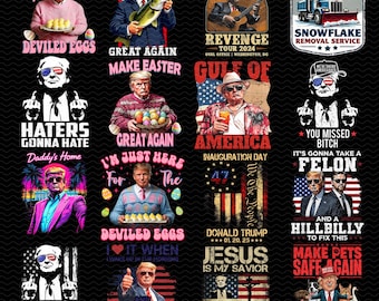 May include: A collage of 12 images featuring a caricature of a man with a red tie and a hairstyle similar to Donald Trump. Each image features a different slogan, including "I'm Just Here for the Deviled Eggs", "Make Fishing Great Again", "Trump's Revenge Tour 2024", "Gulf of America", "Haters Gonna Hate", "I'm Just Here for the Deviled Eggs", "Inauguration Day", "You Missed Bitch It's Gonna Take a Felon", "I'm Back Bitches", "I Love It When I Wake Up in the Morning", "Donald Trump is President", and "Trump is My President".