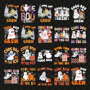 Puede incluir: Una colección de veinte diseños gráficos con fantasmas de dibujos animados vestidos como enfermeros y personal médico. Las ilustraciones incluyen textos como Code Boo Crew, Code Boo In The ER y Code Boo In The ICU, junto con equipos médicos como carros, monitores y estetoscopios, todo sobre un fondo oscuro.