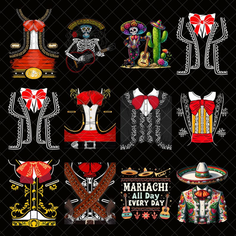 May include: A collection of colorful digital illustrations featuring traditional Mexican mariachi attire. Designs include jackets, vests, and a skeleton mariachi, all with intricate details and vibrant colors. The text "Mariachi All Day Every Day" is also included.