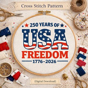 4th of July USA Cross Stitch Pattern | Patriotic Floral Embroidery | American Flag Letters Digital Download punto de cruz, point de croix