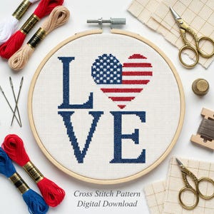 Patriotic Love Cross Stitch Pattern, USA Flag Heart Embroidery PDF, 4th of July Needlepoint Chart, American Pride DIY Gift