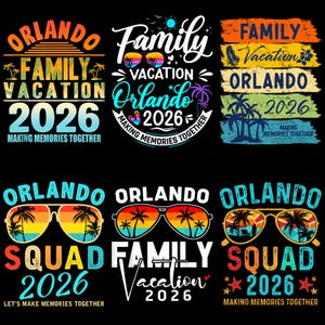 Pode incluir: Uma coleção de designs gráficos coloridos com as frases "Orlando Family Vacation 2026" e "Orlando Squad 2026". Os designs apresentam óculos de sol, palmeiras e cores do pôr do sol, perfeitos para artigos de férias.