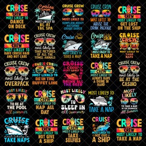 Op de afbeelding: Een verzameling kleurrijke cruise-thema grafische ontwerpen op een zwarte achtergrond. Elk ontwerp bevat tekst zoals "Cruise Crew" en humoristische zinnen over cruise-activiteiten, met afbeeldingen van zonnebrillen, schepen en tropische elementen.