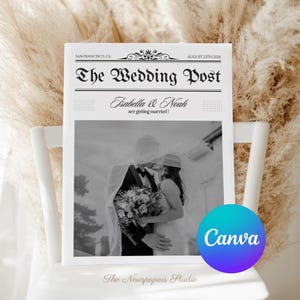Puede incluir: Un anuncio de boda estilo periódico en blanco y negro. El titular dice "The Wedding Post" con los nombres de la pareja, Isabella & Noah, y la fecha 22 de agosto de 2006. Se muestra una foto en blanco y negro de la pareja.