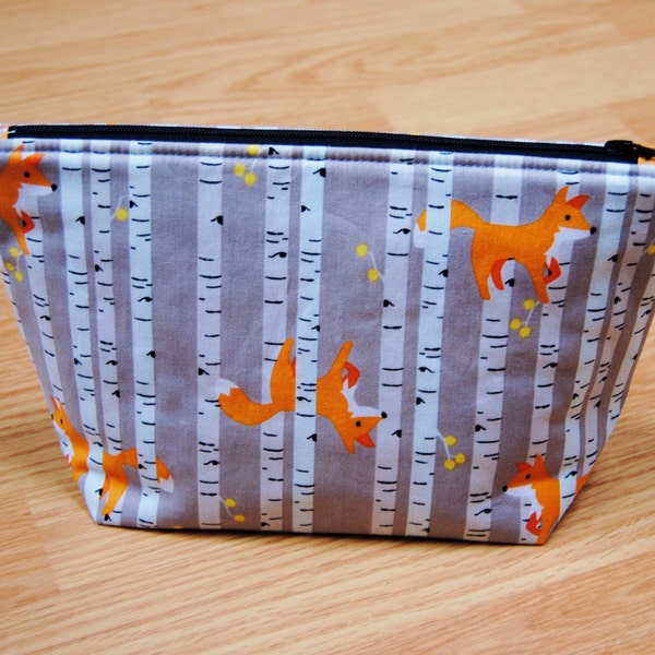 Birch Forest Project Bag, sock sized, knitting, toiletries, cosmetics, crochet, designer, fox in the forest, orange, grey, white, black