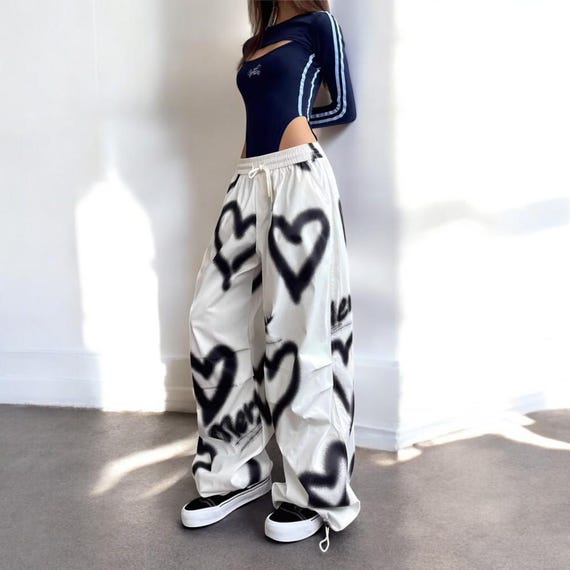 Y2K Graffiti Heart Print Wide Leg Pants: Urban Streetwear
