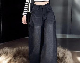 Wide-Leg Black Denim Jeans for Women | High-Waist Flared Jeans | Retro Vintage Inspired Casual Streetwear Pants