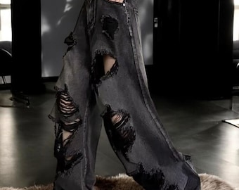 Distressed Wide-Leg Ripped Jeans for Women | High-Waisted Black Washed Denim Pants | Edgy Grunge Style for Streetwear and Casual Outfits