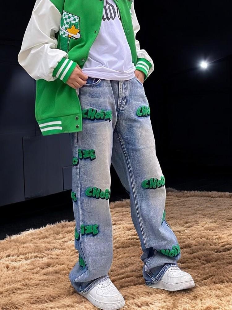 Vintage Graffiti Denim Pants for Women: Loose Fit Streetwear Jeans with 3D Embroidery, Trendy Hip Hop Urban Style, Casual Cool Fashion