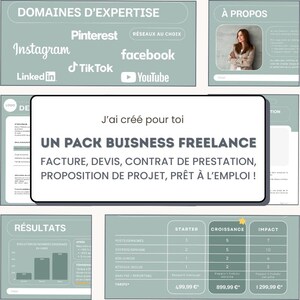 Peut inclure: Présentation de marketing numérique avec le texte "UN PACK BUISNESS FREELANCE" et des icônes de réseaux sociaux. La présentation comprend des sections sur l'expertise, les résultats et les prix. La palette de couleurs est principalement le vert d'eau et le blanc.