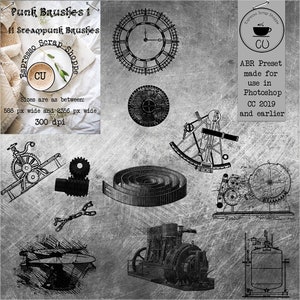 May include: A set of 11 black and white steampunk brushes, including gears, a clock face, a compass, a spring, a chain, a propeller, an engine, and a tank. The brushes are designed for use in Adobe Photoshop CC 2019 and earlier.
