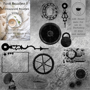 May include: A set of 12 black and white steampunk brushes, including gears, a compass, a padlock, a key, and a sundial. The brushes are designed for use in Adobe Photoshop CC 2019 and earlier versions.